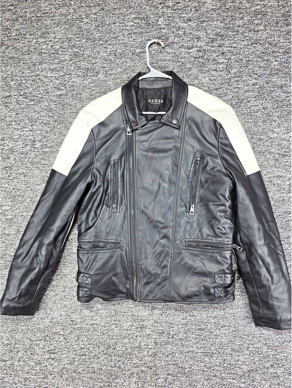 GUESS Men's Black/White Colorblock Motorcycle Jacket Full Zip Pockets Size L